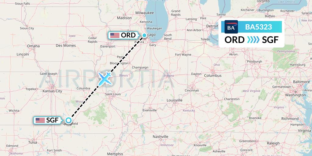 BA5323 British Airways Flight Map: Chicago to Springfield