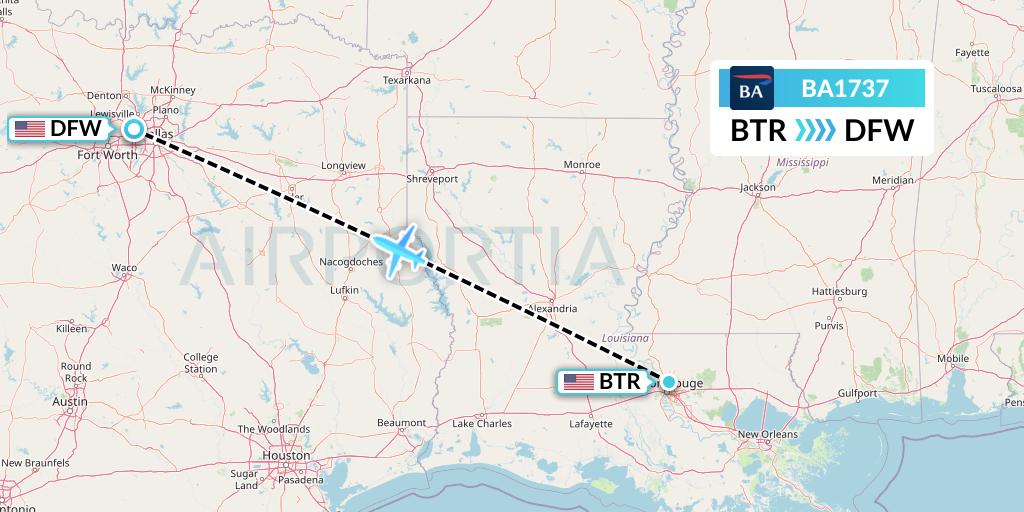 BA1737 British Airways Flight Map: Baton Rouge to Dallas