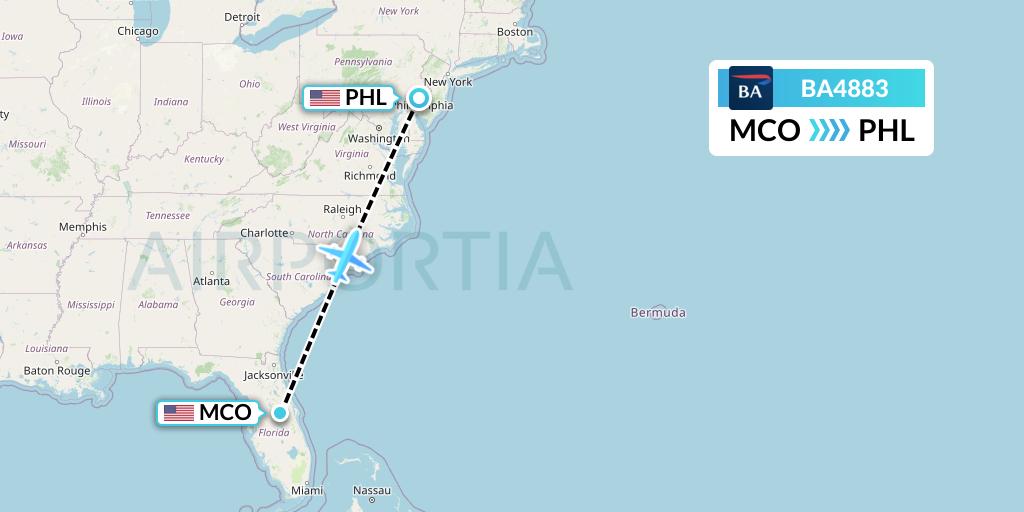 BA4883 British Airways Flight Map: Orlando to Philadelphia