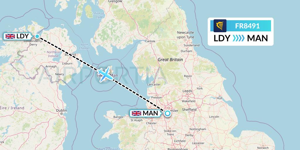 FR8491 Ryanair Flight Map: Londonderry to Manchester