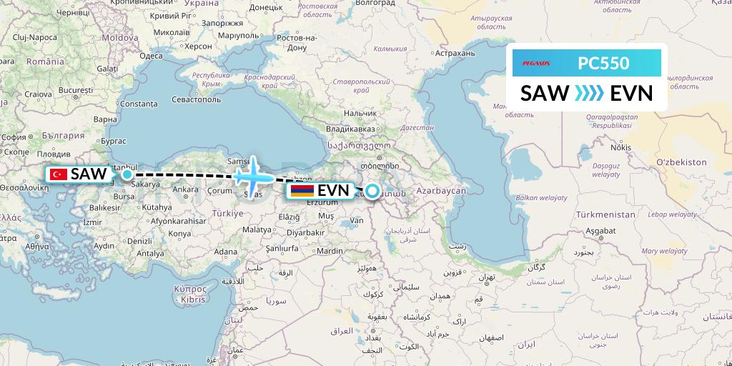 PC550 Pegasus Airlines Flight Map: Istanbul to Yerevan