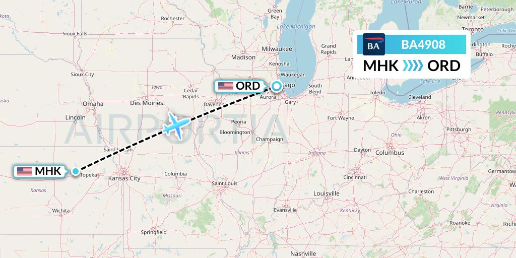 BA4908 British Airways Flight Map: Manhattan to Chicago