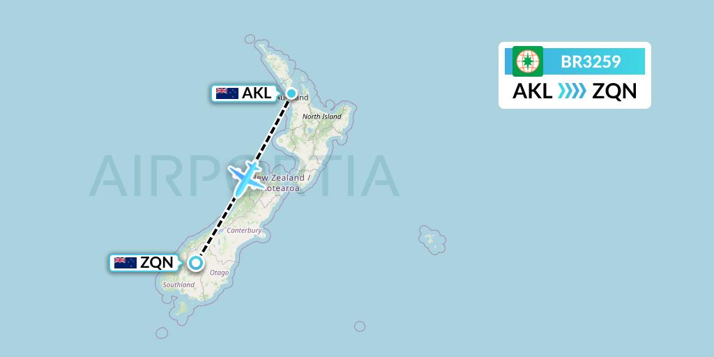 BR3259 EVA Air Flight Map: Auckland to Queenstown