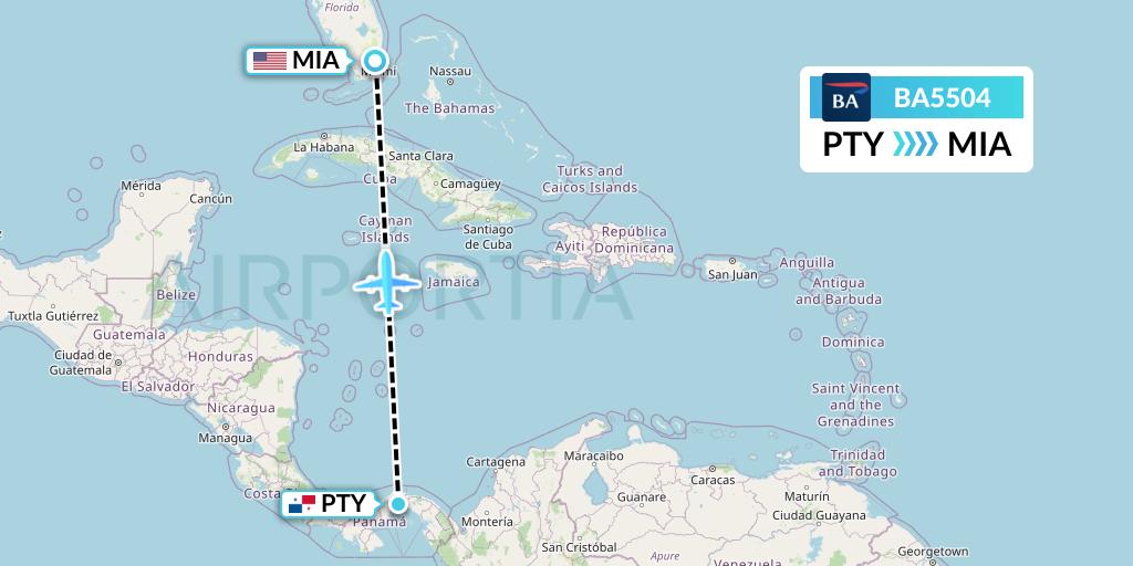 BA5504 British Airways Flight Map: Panama City to Miami