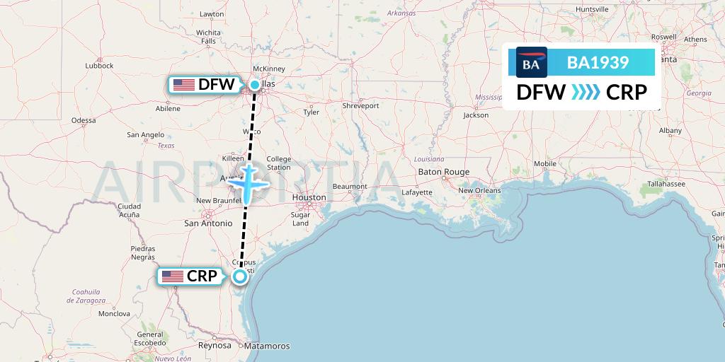 BA1939 British Airways Flight Map: Dallas to Corpus Christi