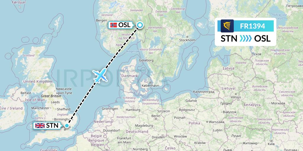 FR1394 Ryanair Flight Map: London to Oslo
