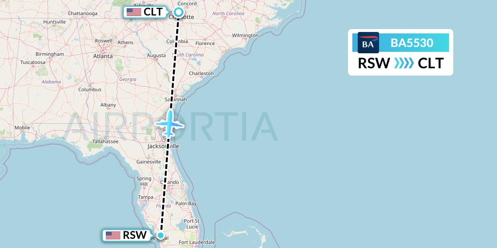 BA5530 British Airways Flight Map: Fort Myers to Charlotte