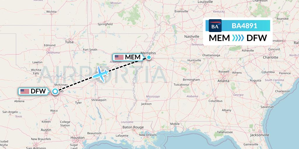 BA4891 British Airways Flight Map: Memphis to Dallas