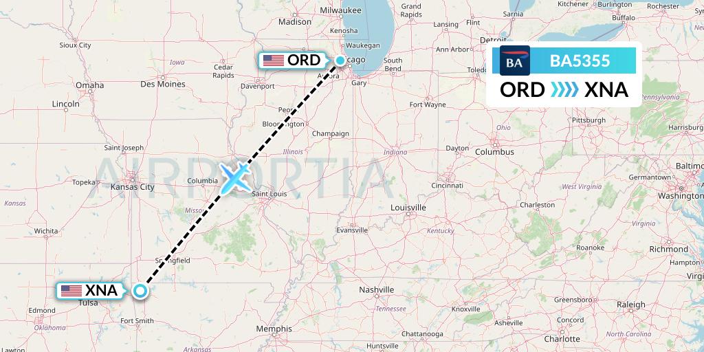 BA5355 British Airways Flight Map: Chicago to Bentonville