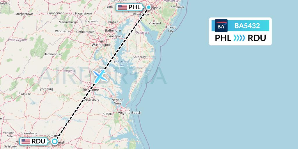 BA5432 British Airways Flight Map: Philadelphia to Raleigh-Durham