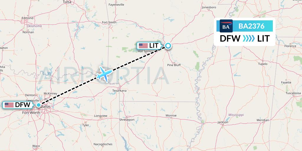 BA2376 British Airways Flight Map: Dallas to Little Rock