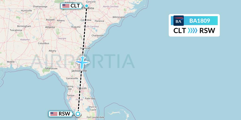 BA1809 British Airways Flight Map: Charlotte to Fort Myers