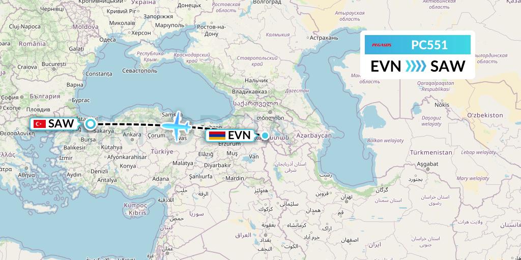 PC551 Pegasus Airlines Flight Map: Yerevan to Istanbul
