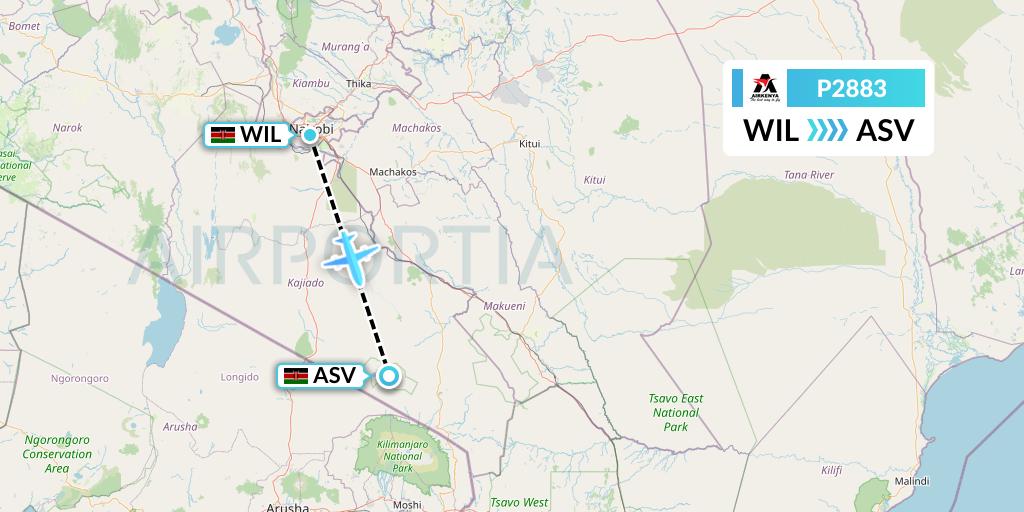 P2883 Airkenya Express Flight Map: Nairobi to Amboseli National Park