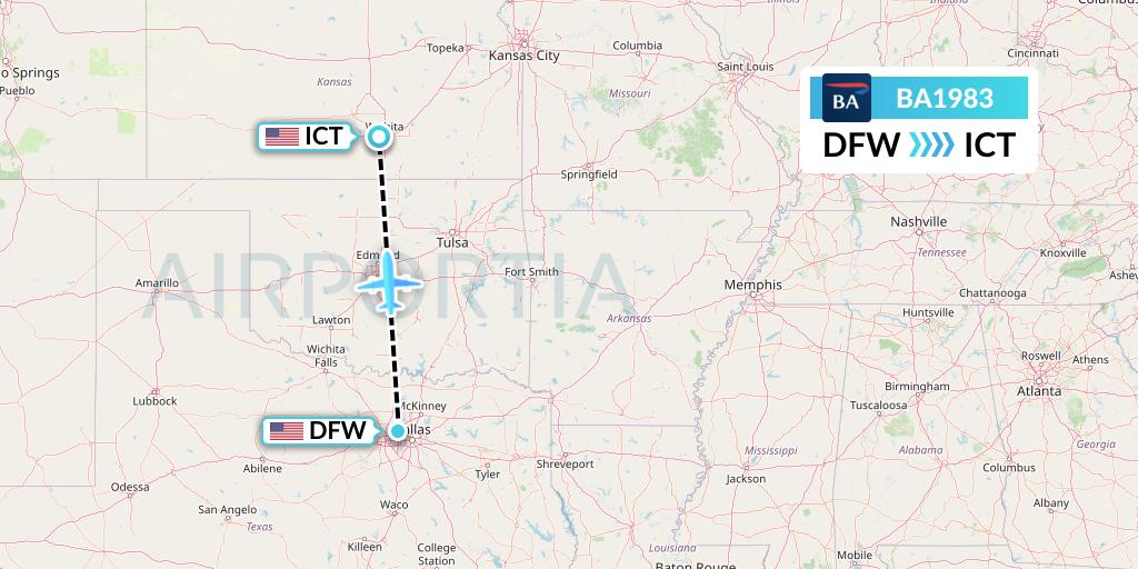 BA1983 British Airways Flight Map: Dallas to Wichita