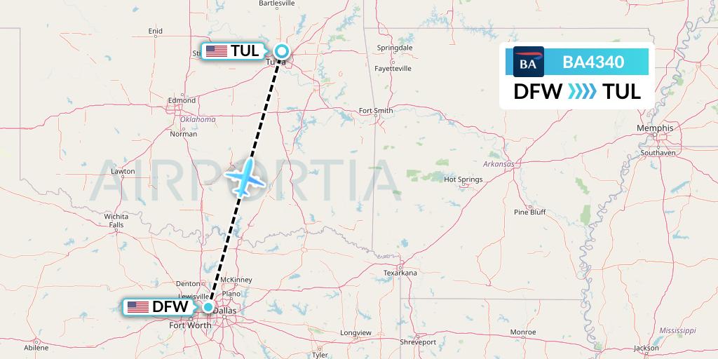 BA4340 British Airways Flight Map: Dallas to Tulsa
