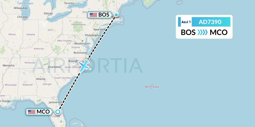 AD7390 Azul Brazilian Airlines Flight Map: Boston to Orlando
