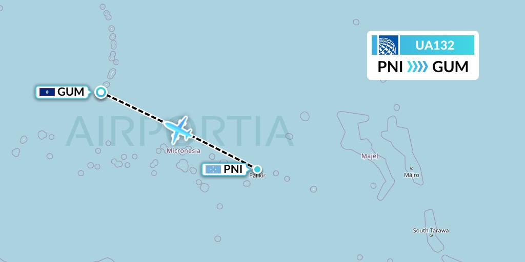 UA132 United Airlines Flight Map: Pohnpei to Guam