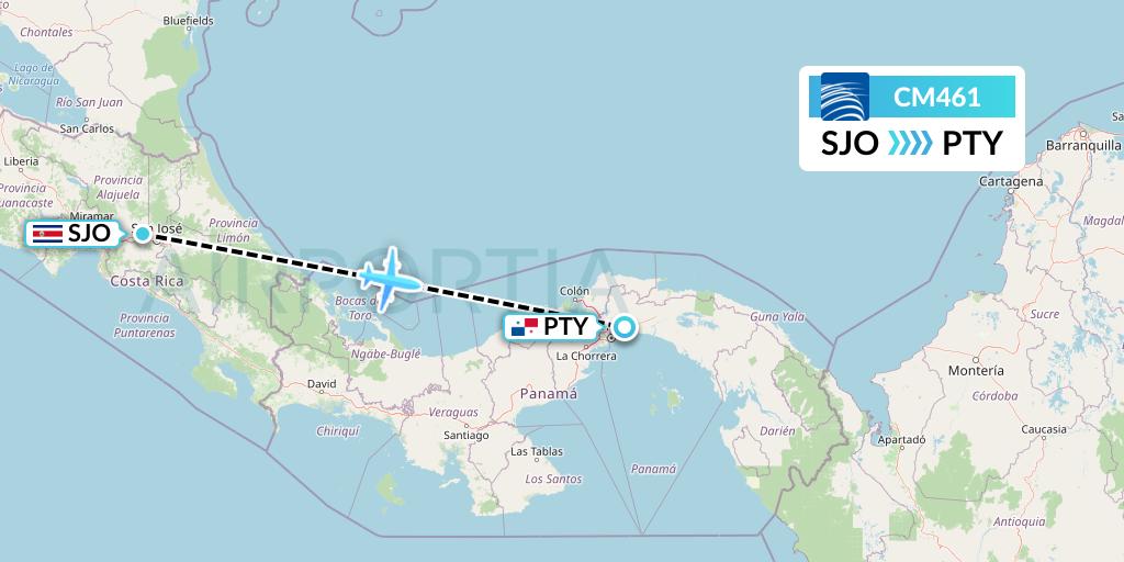 CM461 Copa Airlines Flight Map: San Jose to Panama City