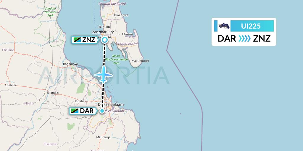 UI225 Auric Air Flight Map: Dar-es-Salaam to Zanzibar