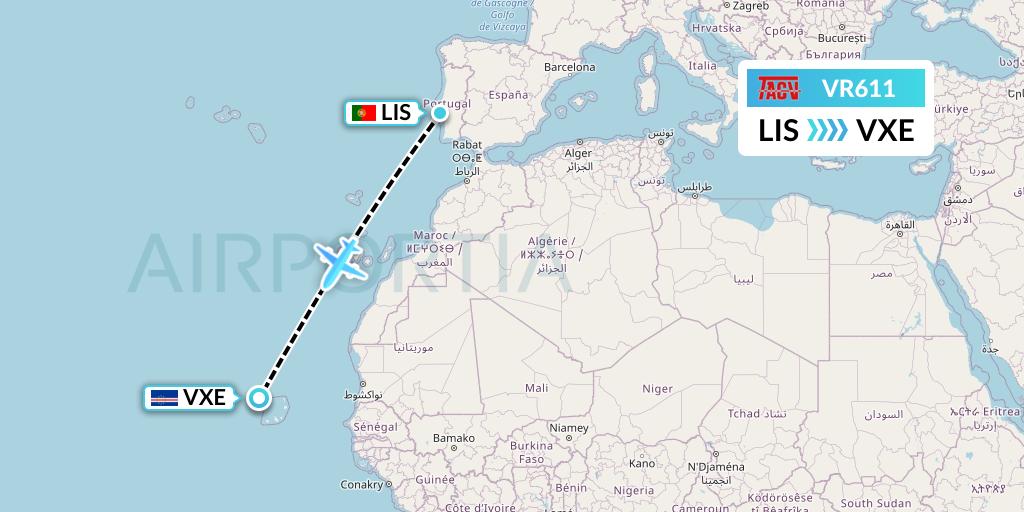 VR611 TACV Cape Verde Airlines Flight Map: Lisbon to Sao Vicente