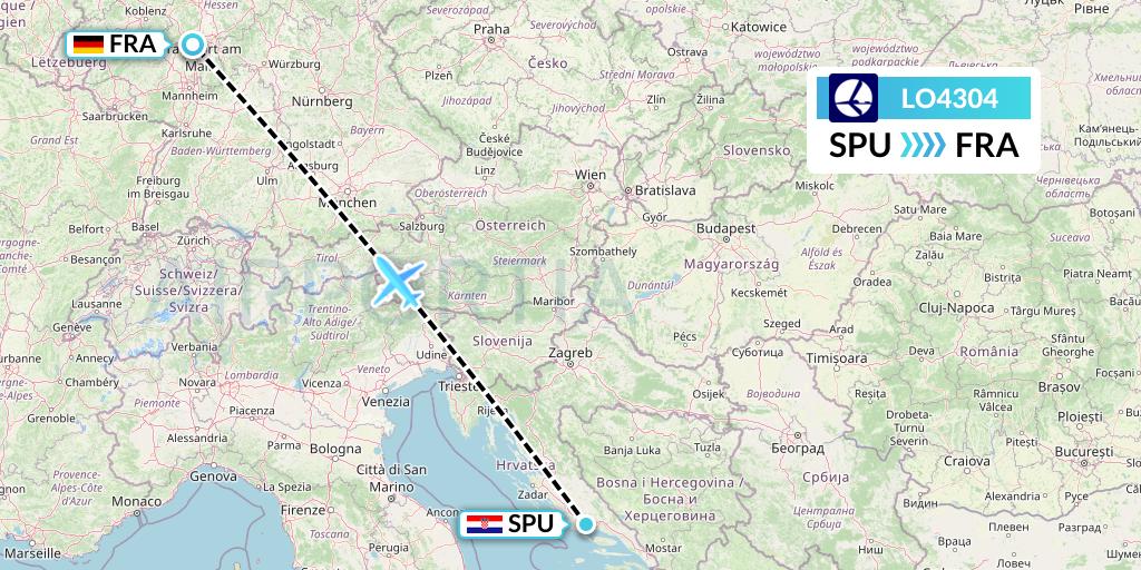 LO4304 LOT Flight Map: Split to Frankfurt