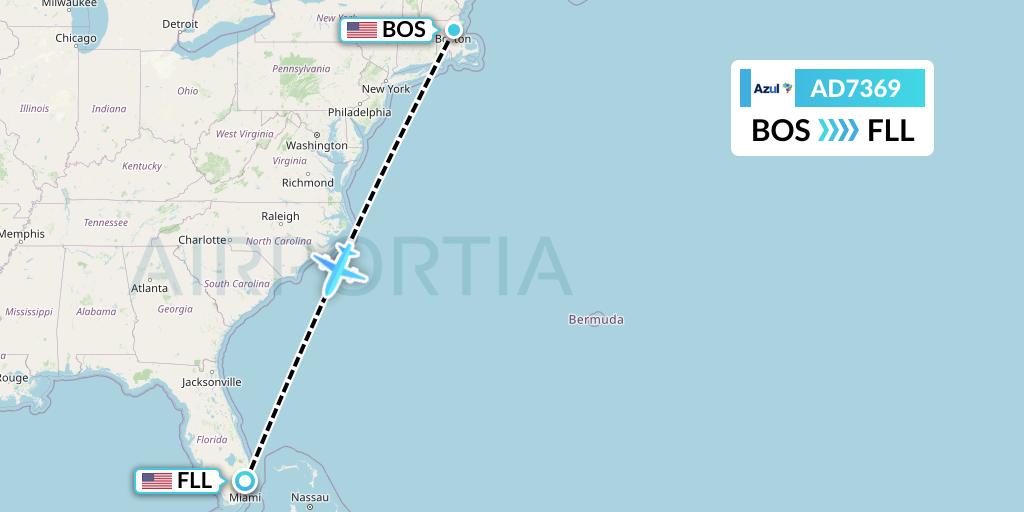 AD7369 Azul Brazilian Airlines Flight Map: Boston to Fort Lauderdale