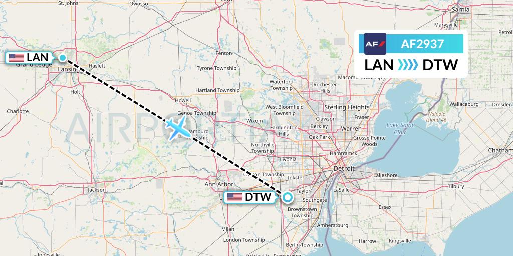 AF2937 Air France Flight Map: Lansing to Detroit
