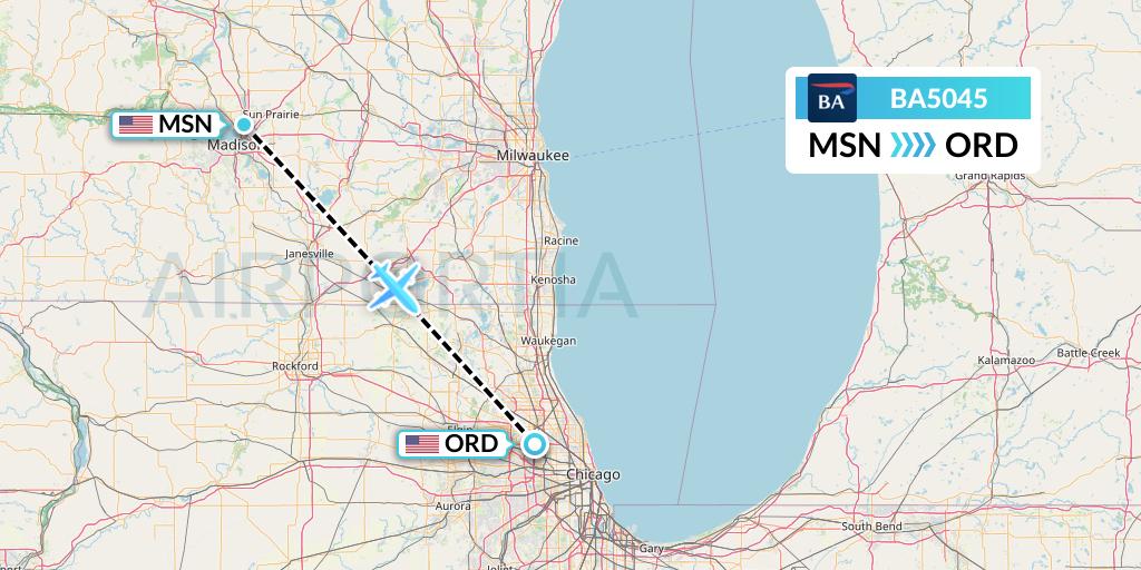 BA5045 British Airways Flight Map: Madison to Chicago