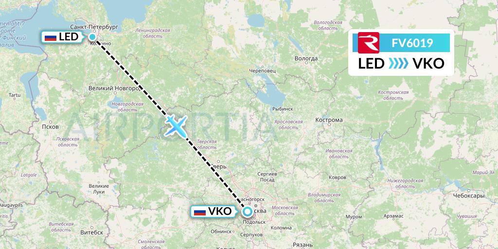 FV6019 Rossiya Flight Map: St. Petersburg to Moscow