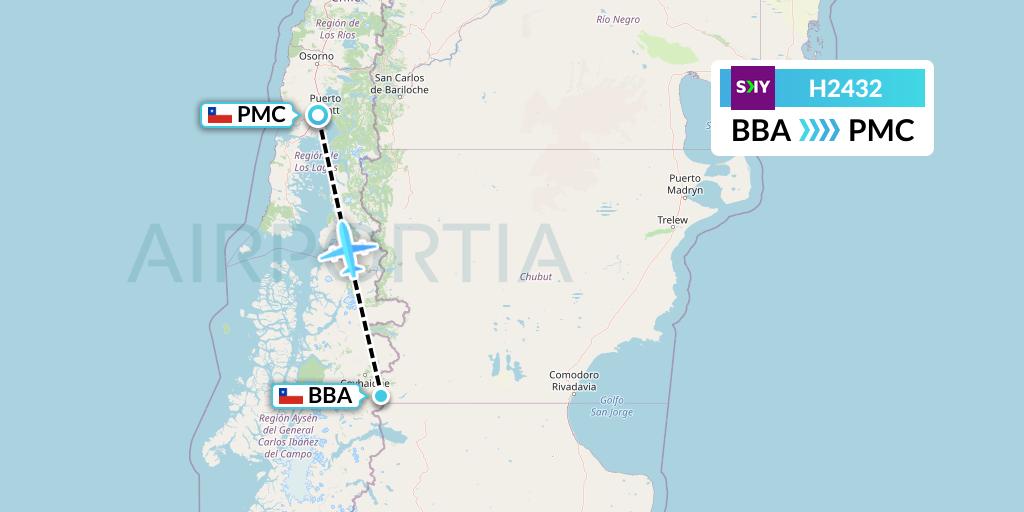 H2432 Sky Airline Flight Map: Balmaceda to Puerto Montt