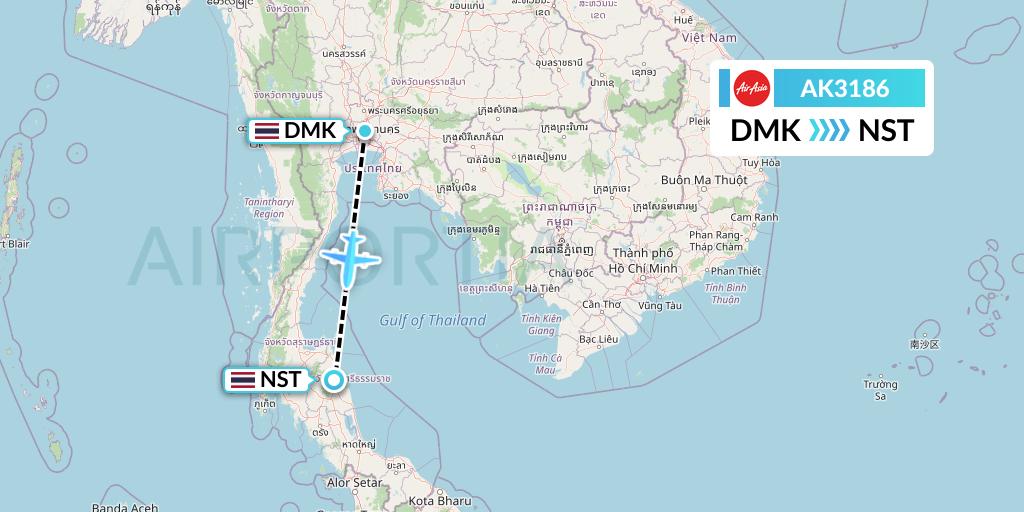 AK3186 AirAsia Flight Map: Bangkok to Nakhon Si Thammarat