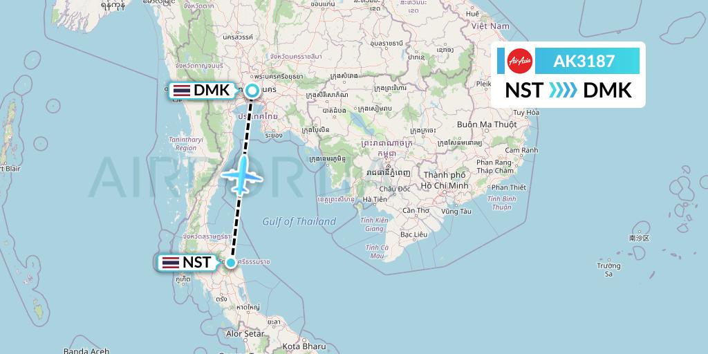 AK3187 AirAsia Flight Map: Nakhon Si Thammarat to Bangkok