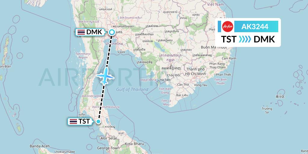 AK3244 AirAsia Flight Map: Trang to Bangkok