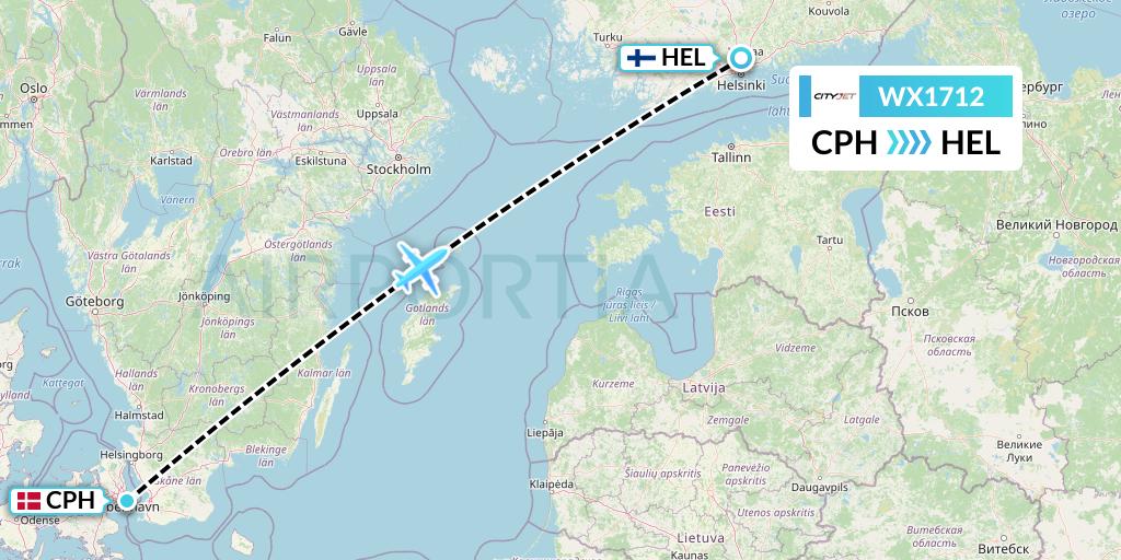 WX1712 Cityjet Flight Map: Copenhagen to Helsinki