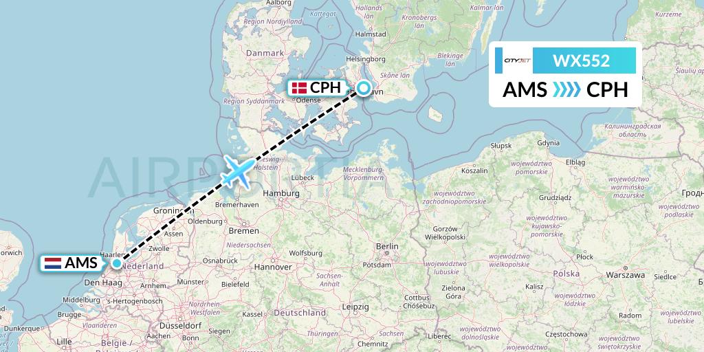 WX552 Cityjet Flight Map: Amsterdam to Copenhagen