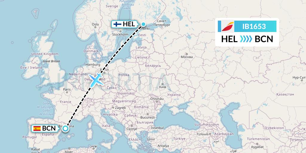 IB1653 Iberia Flight Map: Helsinki to Barcelona