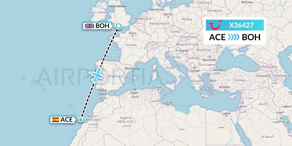X36427 TUI fly Germany Flight Map: Lanzarote to Bournemouth