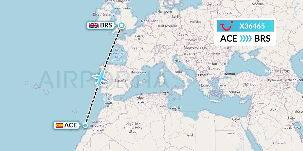 X36465 TUI fly Germany Flight Map: Lanzarote to Bristol
