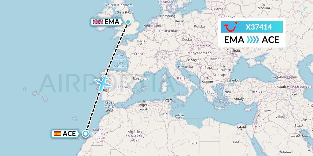 X37414 TUI fly Germany Flight Map: East Midlands to Lanzarote