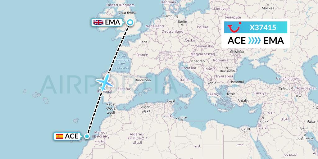 X37415 TUI fly Germany Flight Map: Lanzarote to East Midlands