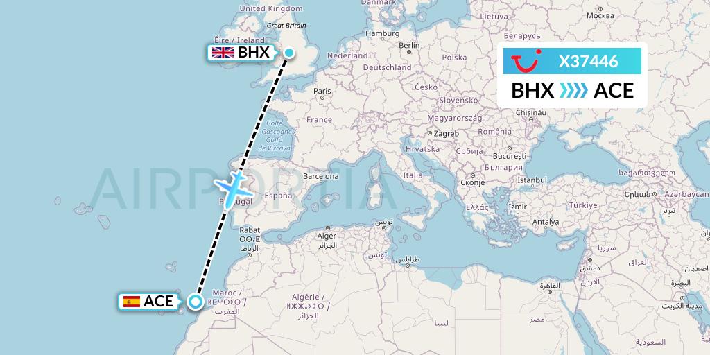 X37446 TUI fly Germany Flight Map: Birmingham to Lanzarote