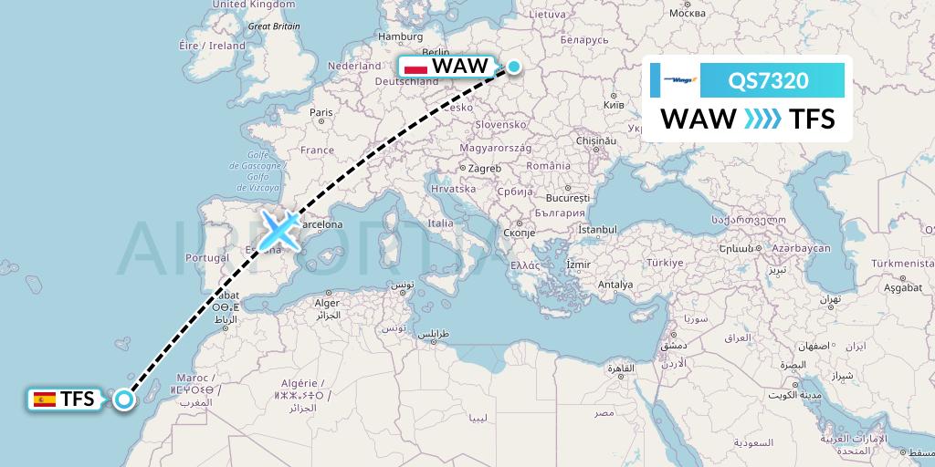 QS7320 Smartwings Flight Map: Warsaw to Tenerife