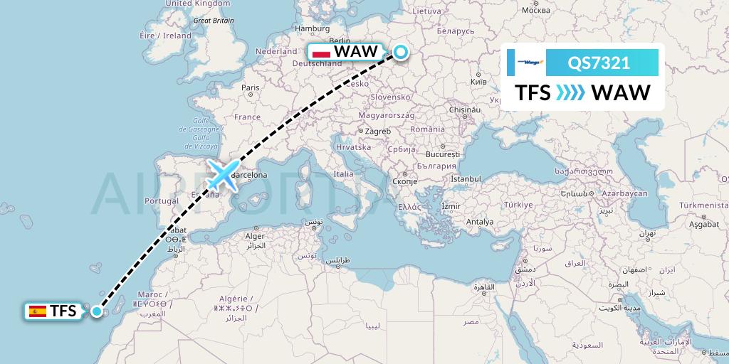 QS7321 Smartwings Flight Map: Tenerife to Warsaw