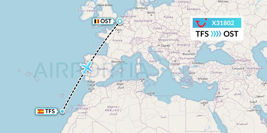 X31802 TUI fly Germany Flight Map: Tenerife to Ostend