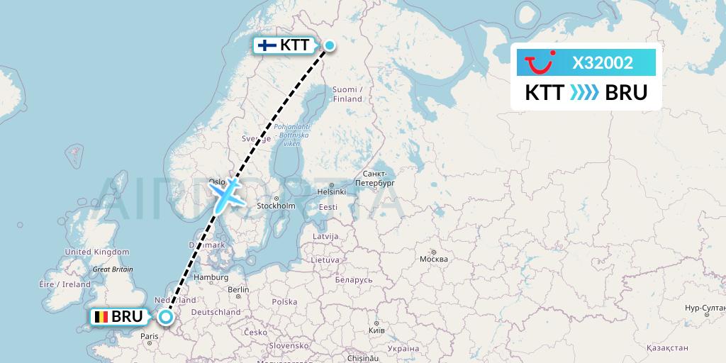 X32002 TUI fly Germany Flight Map: Kittila to Brussels