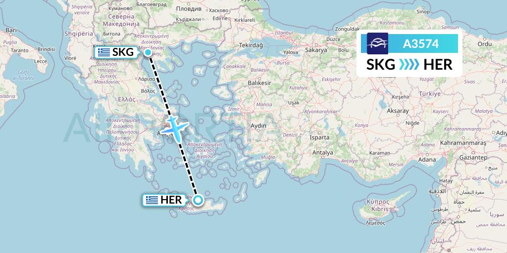 A3574 Aegean Airlines Flight Map: Thessaloniki to Heraklion