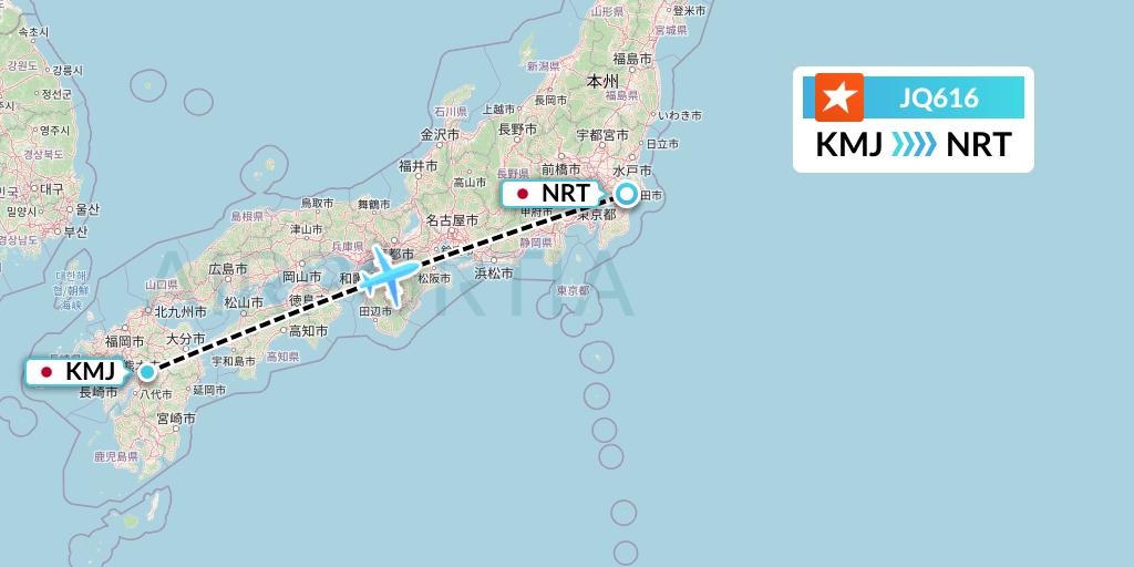 JQ616 Jetstar Airways Flight Map: Kumamoto to Tokyo
