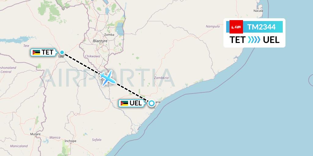 TM2344 LAM Mozambique Airlines Flight Map: Tete to Quelimane