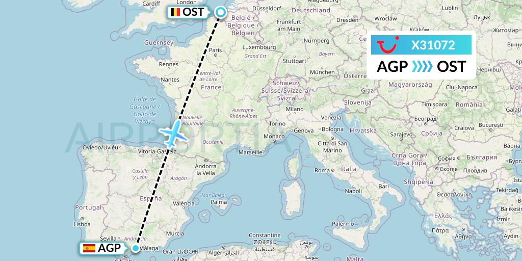X31072 TUI fly Germany Flight Map: Malaga to Ostend